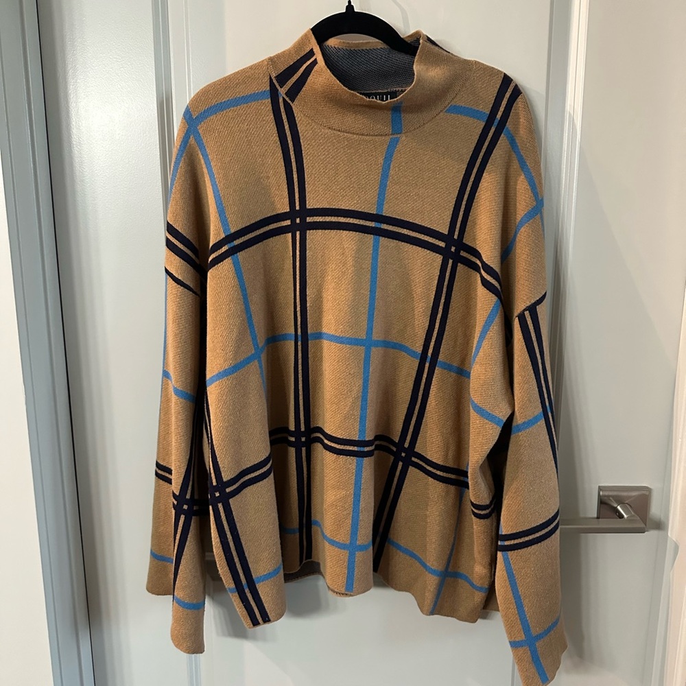 Eloquii Tan and Blue Plaid Turtleneck Sweater